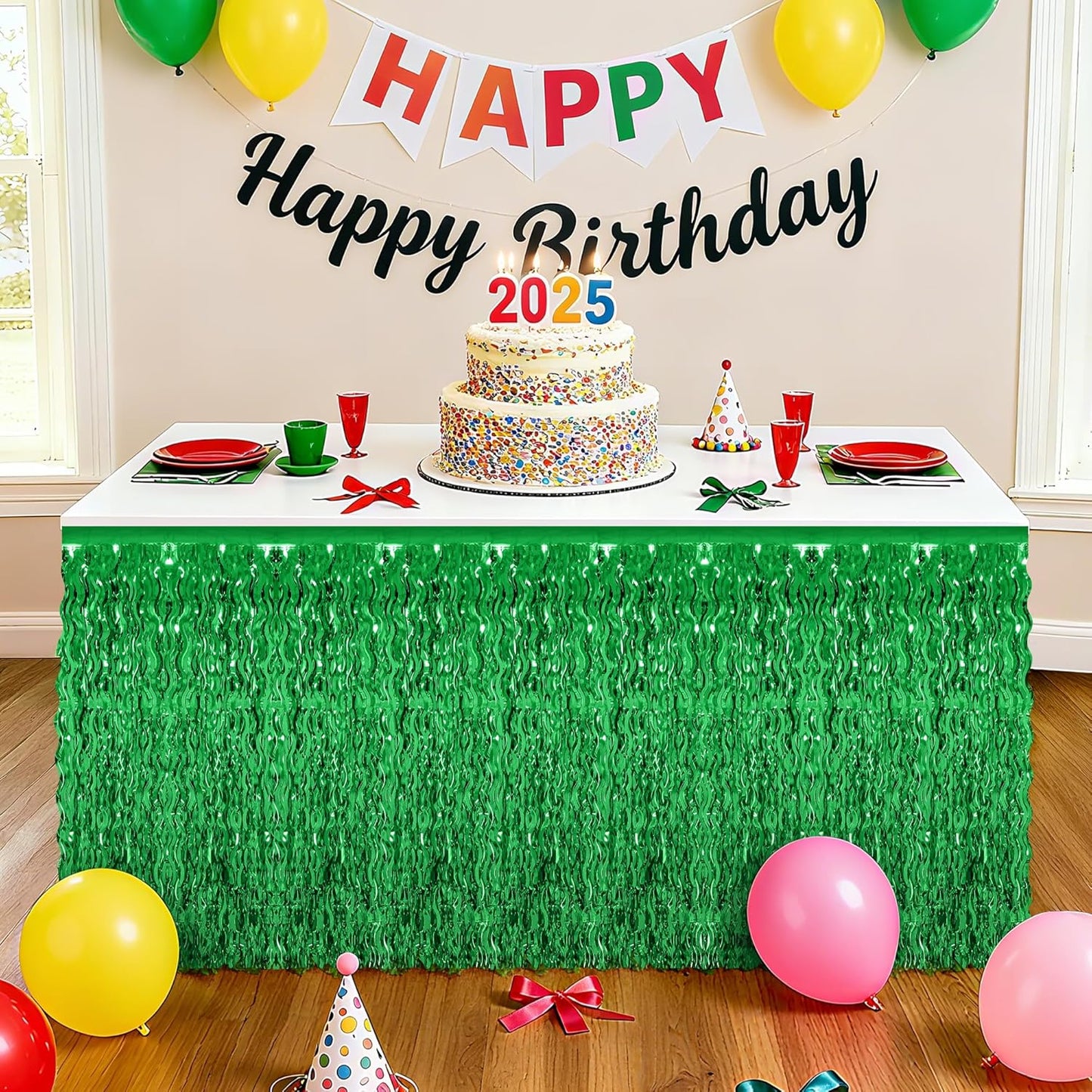 2 Pack Green Table Skirt, St Patrick's Day Foil Grass Table Skirt, Metallic Wavy Tinsel Foil Fringe Table Skirts, Table Skirts for Irish Holiday Saint Patrick Wedding Birthday Valentines Party