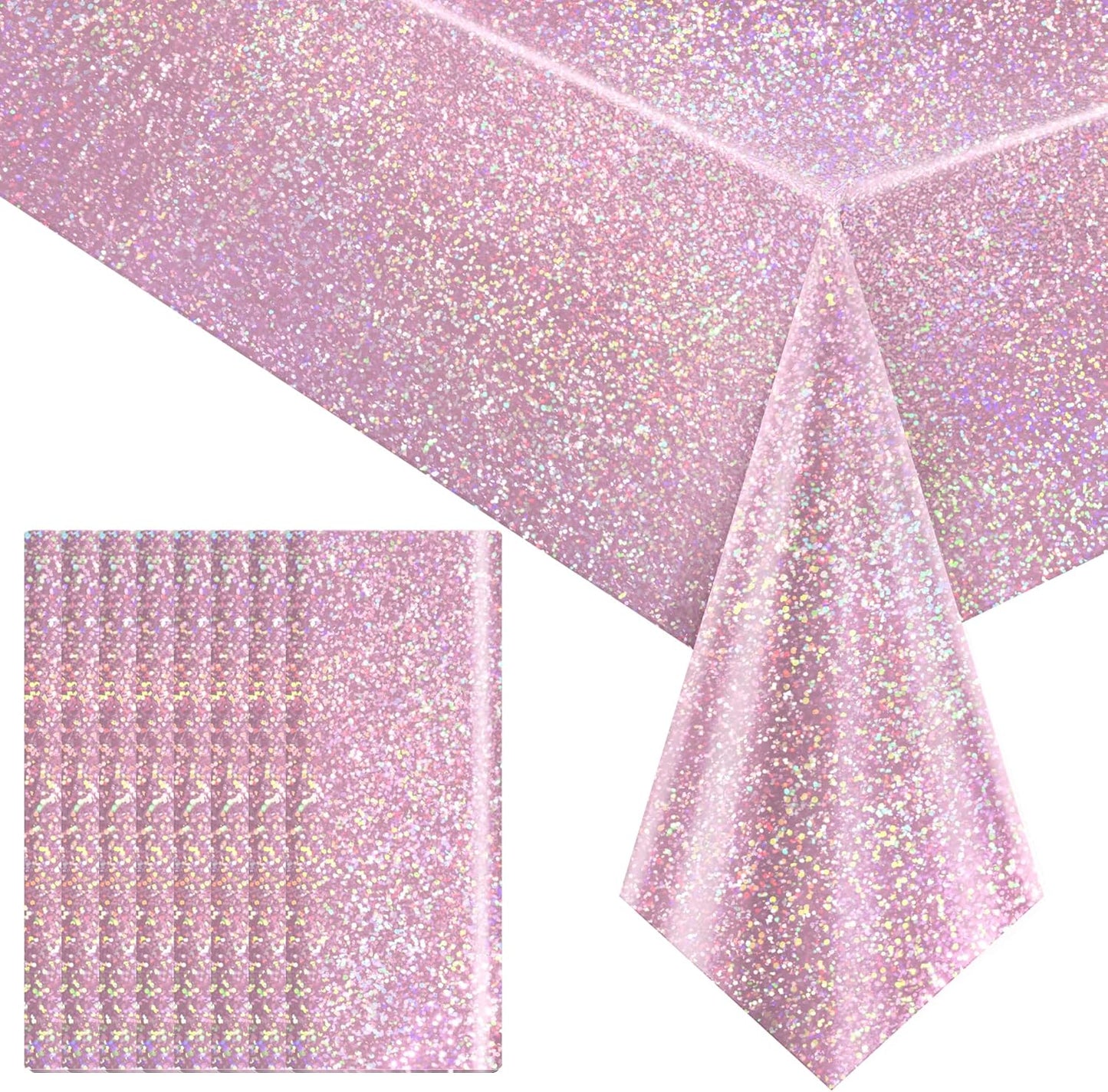 8 pcs Pale Pink Holographic Laser Tablecloths Light Pink Shiny Table Covers 40" x 108" Disposable Rectangle Table cloths for Girl Birthday Party Wedding Anniversary Bachelorette Baby Shower Décor