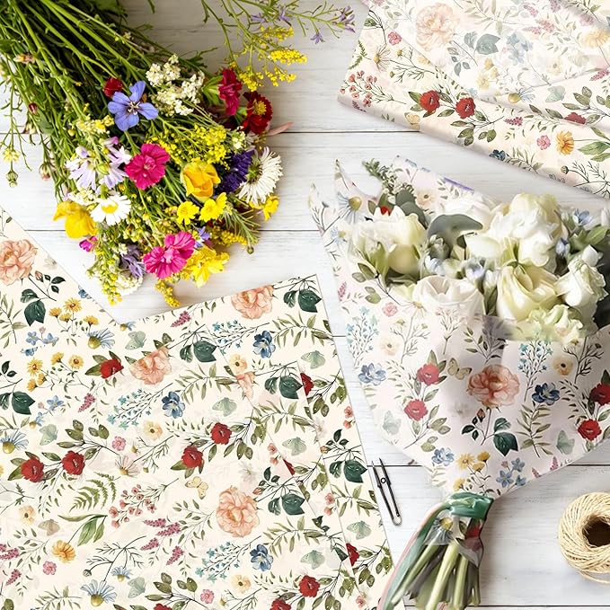 BACH AND BOUJEE 50 Sheets Vintage Wildflower Tissue Paper Floral Wrapping Paper Flower Printed DIY Craft Tissue Papers for Gift Bags Greenery Gift Wrap Packaging Bridal Shower Wedding Birthday