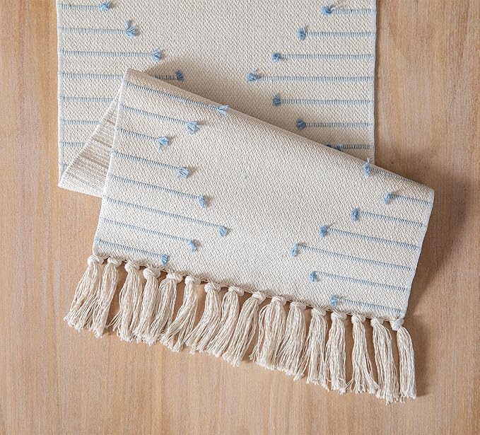 Boho Table Runner 13 x 48 Inch Long Natural Cotton Woven Runner with Tassels for Home Dining Table décor, for Modern Farmhouse Decor Coffee Table Runner, Light Blue and Beige