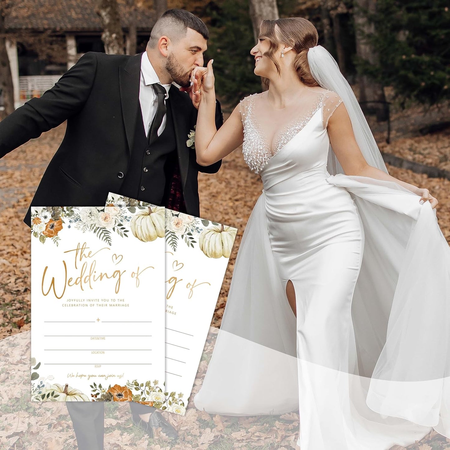 Wedding Invitation Cards with Envelopes Pack of 20 (4"x6") - Autumn Themed Pumpkin Floral Invitations for Wedding.(154)