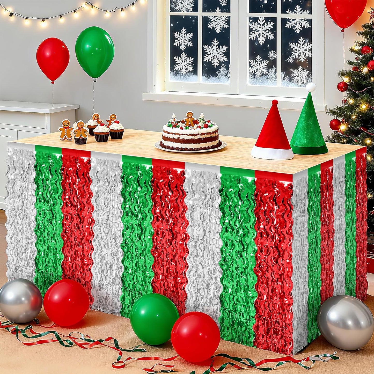 Christmas Table Skirt, 2 Pack Red Silver Green Desk Skirts Party Decorations, Metallic Xmas Wavy Tinsel Foil Fringe Table Skirts, Foil Table Skirt for Indoor Christmas Party Backdrop