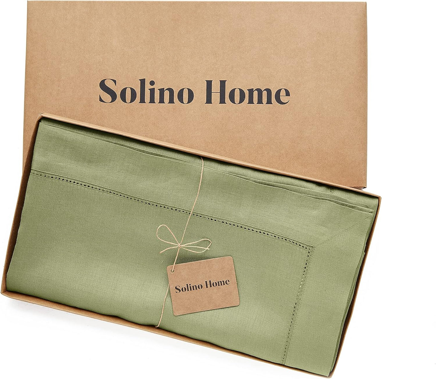 Solino Home Moss Green Linen Tablecloth 60 x 120 Inch - Classic Hemstitch, 100% Pure Linen Rectangular Tablecloth - Machine Washable Table Cloth for Fall, Autumn, Thanksgiving