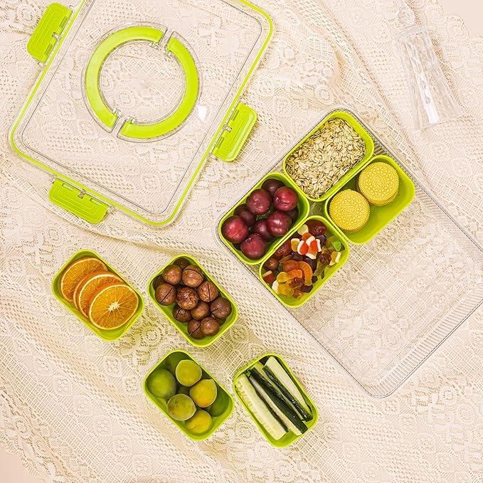Patent Design Ribbed Snackle Box Container Divided Serving Tray with Lid and Handle -Charcuterie Container Portable Storage Organizer for Candy, Fruit, Beach, Picnics（1 pcs, Green）