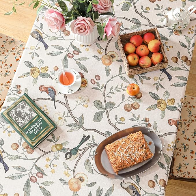 Linen Table Cloth Rectangle,Wrinkle Resistant French Pink Tablecloth Print with Froal,Decor Stitch Table Cloth for Thanksgiving,Dining Room,Home,Kitchen 63" × 102"-Dewey A