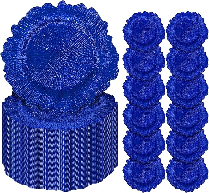 Pesonlook 100Pcs Royal Blue Charger Plates Round 13inch, Reef Plate Chargers for Dinner, Bulk Plastic Floral Table Charger Plates for Dinner Wedding Party Event Table Setting Decoration(Royal Blue)