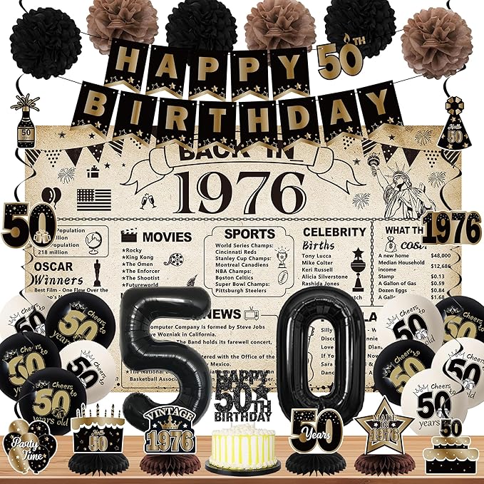 DARUNAXY 50th Birthday Party Decorations for Men Women, Vintage Back in 1976 Banner, Black 50 Number Balloons & Cake Topper, Vintage 1976 50 Birthday Honeycomb Hanging Swirl Confetti Balloons(30PC)