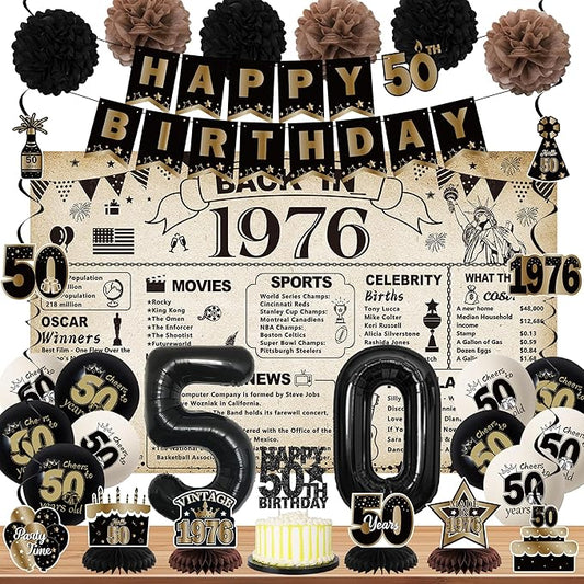 DARUNAXY 50th Birthday Party Decorations for Men Women, Vintage Back in 1976 Banner, Black 50 Number Balloons & Cake Topper, Vintage 1976 50 Birthday Honeycomb Hanging Swirl Confetti Balloons(30PC)