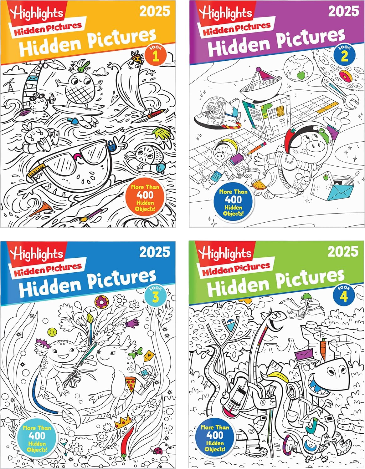 Highlights Hidden Pictures 2025 Activity Book Pack for Kids Ages 6 and Up, 4-Book Set of Travel-Friendly Screen Free Seek and Find Fun, Books Double as Coloring Books