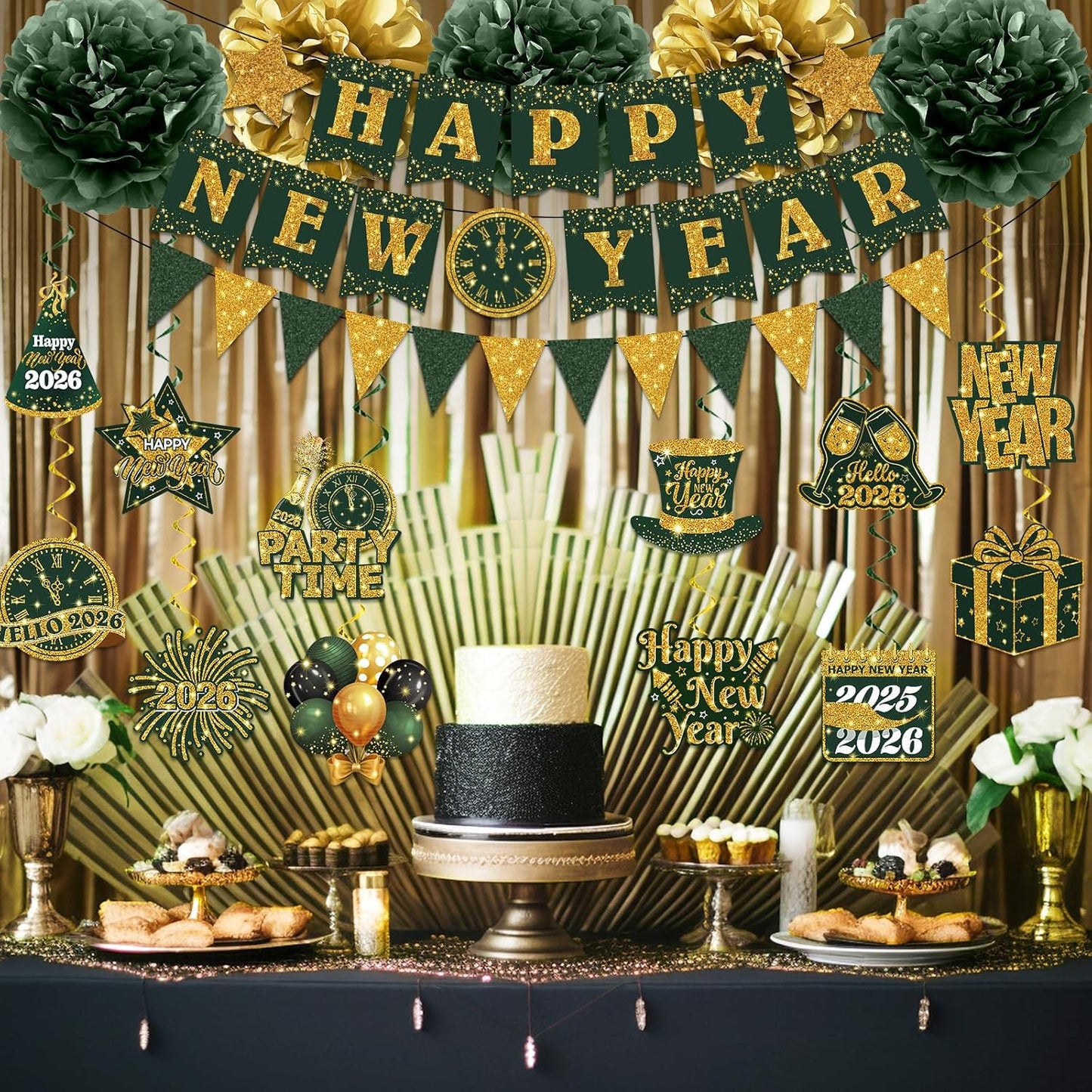 New Years Decorations Hanging Swirls,Green and Gold 2026 New Years Eve Decorations Banner Ceiling Hanging Pom Pom Garland Triangle Flag for Happy New Year Decorations