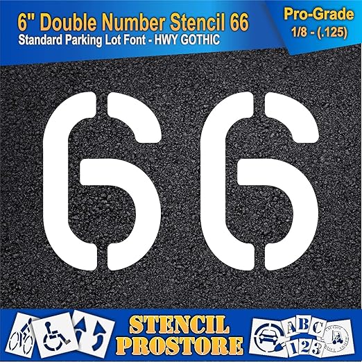 Pavement, Curb, and WheelStop Stencils - 6 inch Double Number Stencil - (66) - 6" x 9" x 1/8" (128 mil) - Pro-Grade