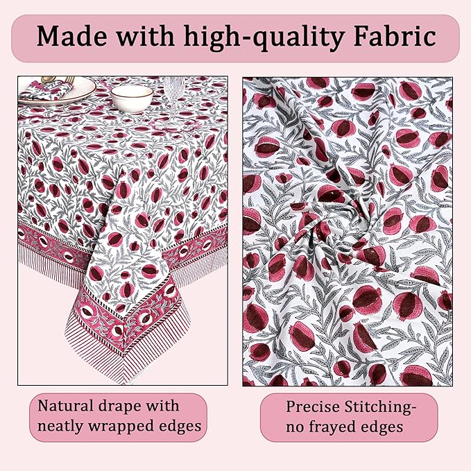 Ridhi Hand Block Print Sangria Red Rectangle Cotton Tablecloth 190" x 72" Reusable Table Cover Decorative Everyday Use for Dining, Farmhouse, Home Gift for Spring, Easter, Valentine