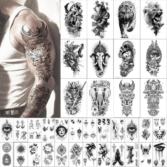 DONGZISHANGDIAN Temporary Tattoos | This set of 76 haunting tattoo stickers is perfect for Halloween, featuring dark elements and totems. For various parties and cosplay. Unisex, bold, trendsetting.