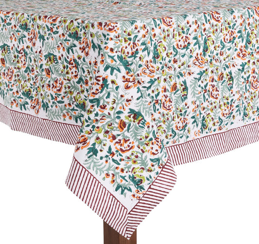 ATOSII Ambrosia Green 100% Cotton Square Fall Tablecloth, Handblock Floral Print Linen Table Cloth for Kitchen Dining I Weddings, Outdoors, Christmas, Thanksgiving Fall Decor 60 X 60 Inches I 4 Seater