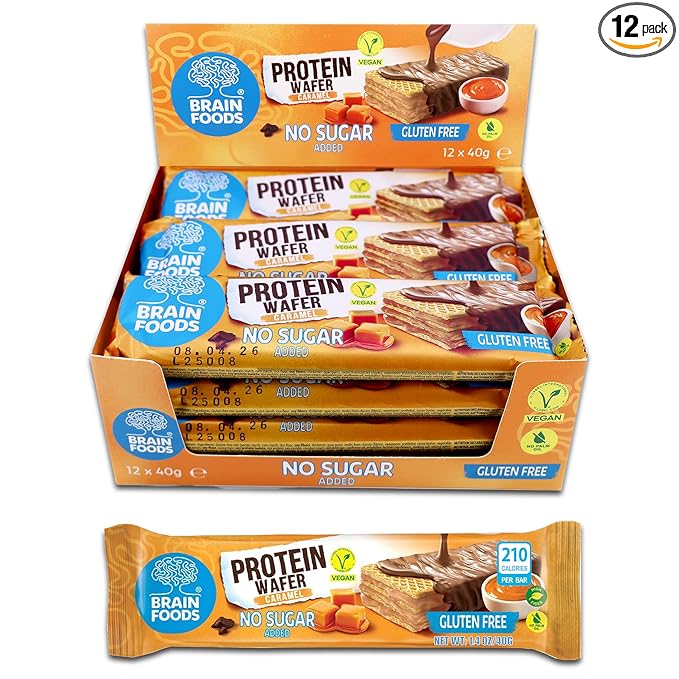 BRAIN FOODS Gluten Free Vegan Caramel Protein Wafers - 12 Bars, No Sugar Added, 8 grams Protein, No Palm Oil, 1.4 oz, 210 Calories, Guilt Free Snack, Natural Caramel Flavoring