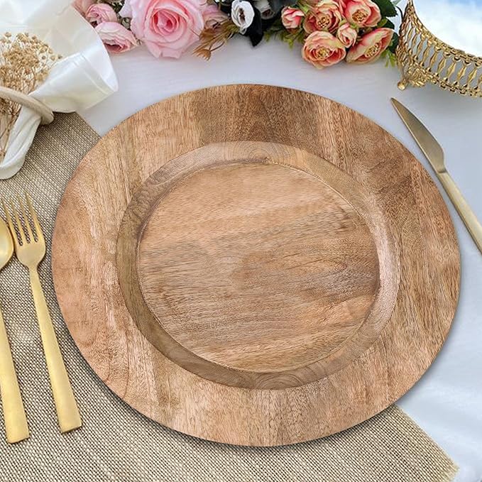 Lightnpro Natural Wood Dinner Plates - Wooden Round Charcuterie Boards, Serving Platters for Food, Cheese Tray, Dessert Salad Plate, Wood Charger Plates - Set of 2, 13 Inch