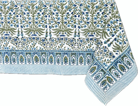 ATOSII Nargis Blue 100% Cotton Rectangle Summer Tablecloth, Indian Block Print Floral Table Cloth I Dining Parties Weddings Outdoors Holidays 60 X 108 Inches 8 Seater I Grandmillennial Farmhouse Boho