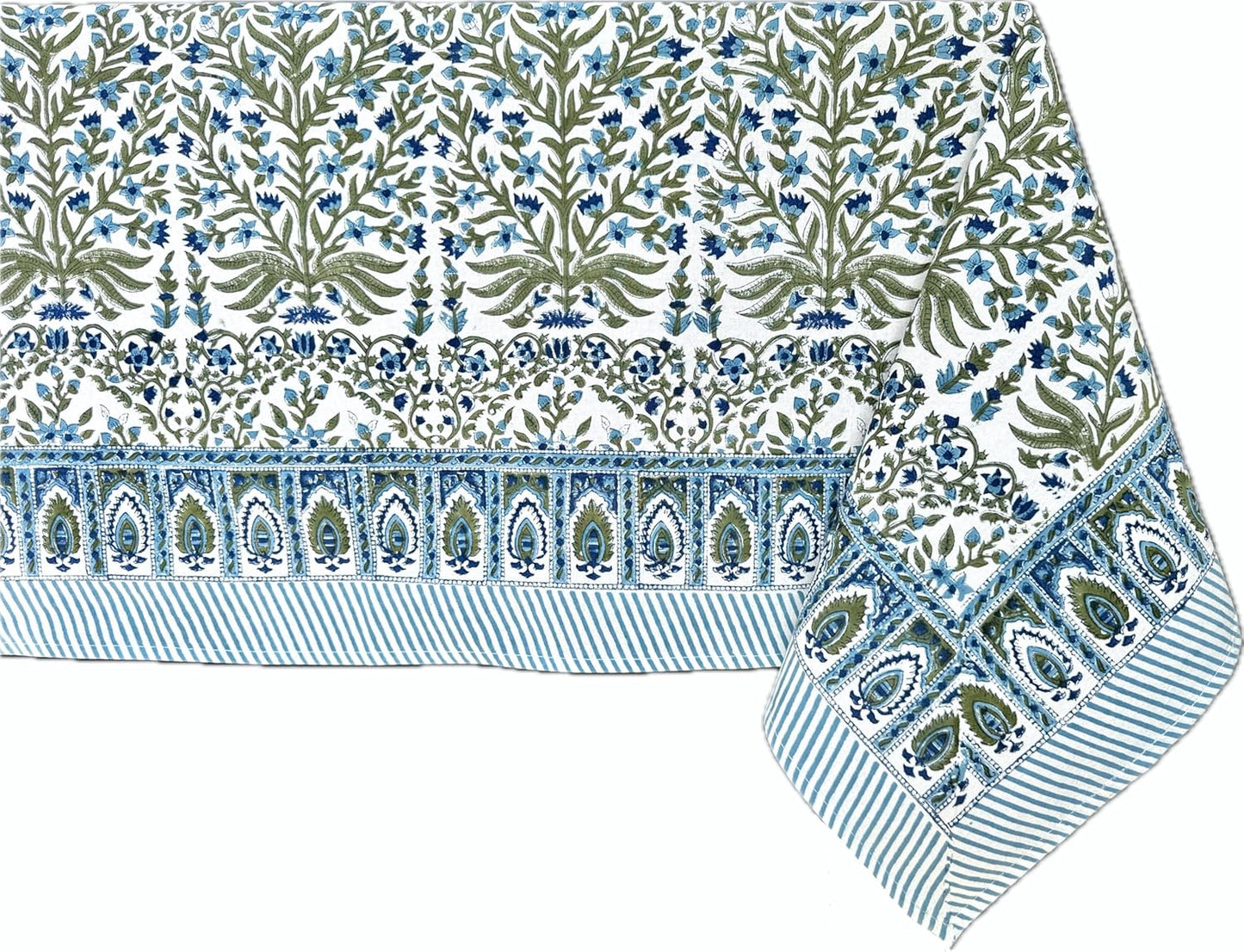 ATOSII Nargis Blue 100% Cotton Rectangle Summer Tablecloth, Indian Block Print Floral Table Cloth I Dining Parties Weddings Outdoors Holidays 60 X 90 Inches 6 Seater I Grandmillennial Farmhouse Boho