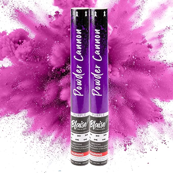 Blaise Pyro & Party - Purple Powder Poppers - Water-Soluble & Colorful Powder Cannons for Gender Reveals, Birthdays, Weddings & Celebrations - Easy to Use for Memorable Photos - 16-Inch, 2-Pack