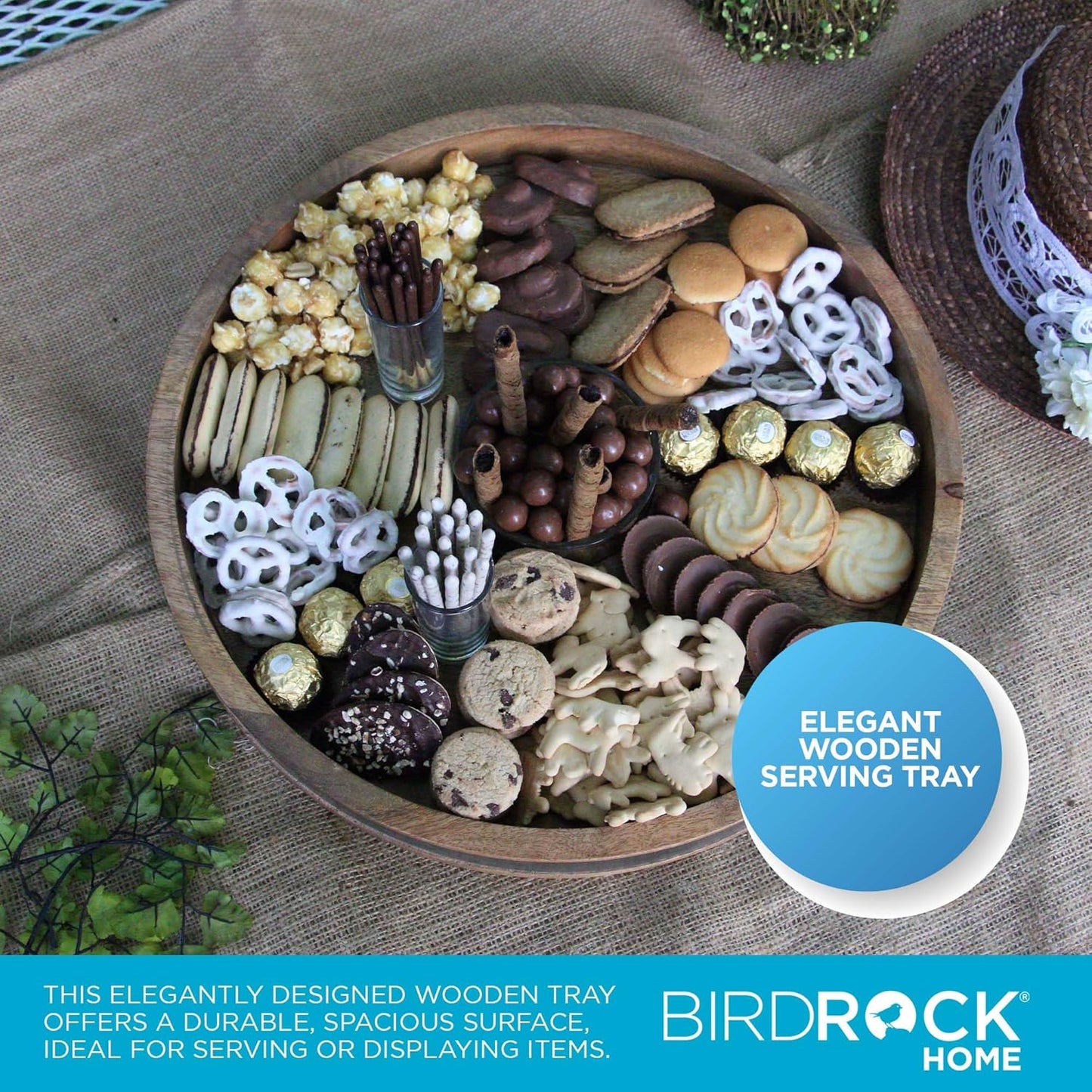 BIRDROCK HOME Wooden & Iron Chip Dip Serving Tray w/Glass Dip Bowl | Extra Large Decorative Kitchen Platter | Salsa, Guacamole, Veggies, Cheese | Decor for Coffee Table, Dining & Living Room - Round