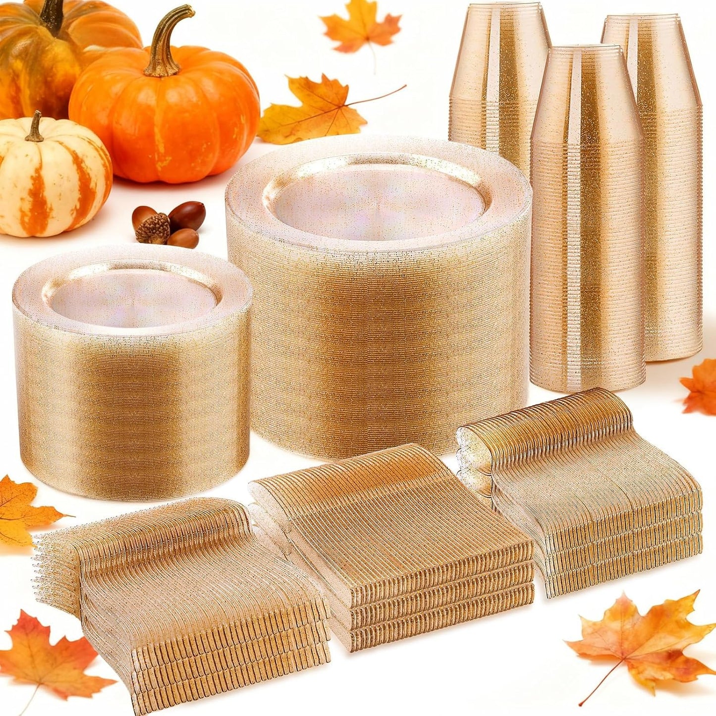 WELLIFE 600 PCS Gold Glitter Disposable Dinnerware Set for 100 Guests, Plastic Plates for Party, Including 100 Dinner Plates, 100 Salad Plates,Cups,Silverware Set for Wedding and Party Supplies