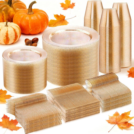 WELLIFE 600 PCS Gold Glitter Disposable Dinnerware Set for 100 Guests, Plastic Plates for Party, Including 100 Dinner Plates, 100 Salad Plates,Cups,Silverware Set for Wedding and Party Supplies