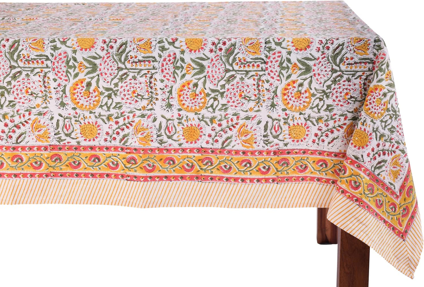 ATOSII Clover Yellow 100% Cotton Rectangle Fall Tablecloth, Handblock Floral Print Linen Table Cloth for Kitchen Dining I Parties, Weddings, Outdoors, Christmas, Thanksgiving Decor 60 X 90 Inches
