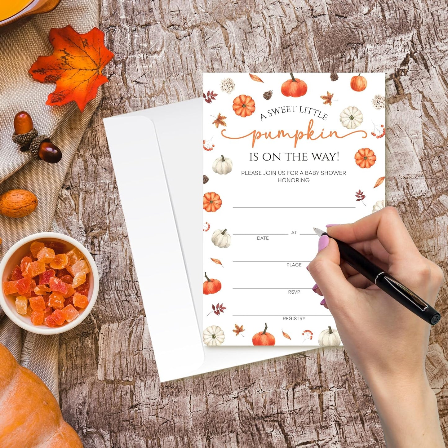 Fall Pumpkin Baby Shower Invitations - “A Sweet Little Pumpkin Is On The Way” Design with Envelopes And RSVP Cards - 20Pcs Fill In Baby Shower Party Cards(4 x 6 Inch) (044)