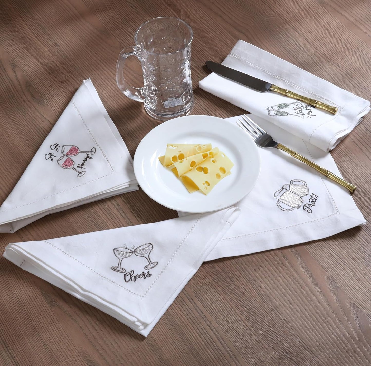 Bedding Craft Cotton Cloth Dinner Napkins Set of 12 – 18x18 Embroidered Motif with Decorative Hemstitch – Machine Washable Fabric Napkins for Weddings, Baby Showers, Christmas & Parties