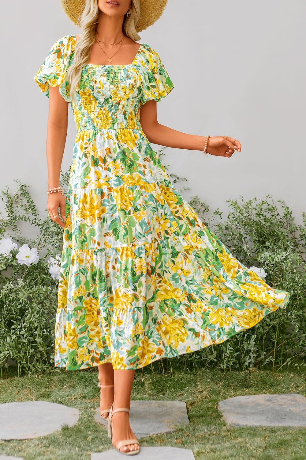 PRETTYGARDEN Women's Casual Summer Midi Dress Puffy Short Sleeve Square Neck Smocked Tiered Ruffle Dresses