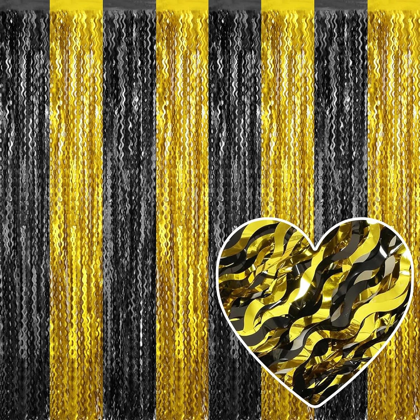 4 Pack Black Gold Fringe Curtain Backdrop 3.2Ft x 8.2Ft Metallic Tinsel Foil Fringe Streamers Background for Photo Booth Mother's Day, Easter, Carnival, Birthday, Wedding Party Decoration