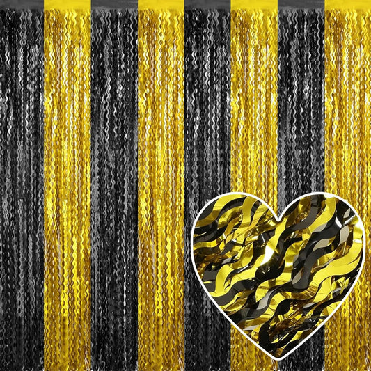 4 Pack Black Gold Fringe Curtain Backdrop 3.2Ft x 8.2Ft Metallic Tinsel Foil Fringe Streamers Background for Photo Booth Mother's Day, Easter, Carnival, Birthday, Wedding Party Decoration