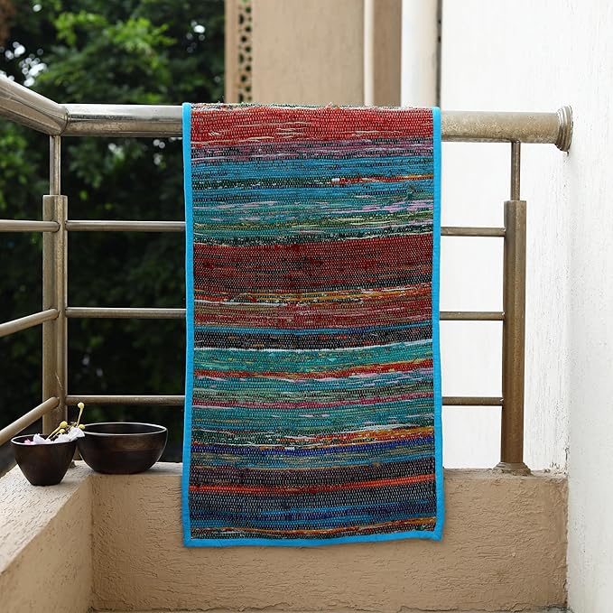 Trade Star Reversible Bedside Runner Designed Table Mat Handloomed Rug Runner Perfectly Highly Durable Decorative Upcycled Fabric Table Placemat (Turquoise)