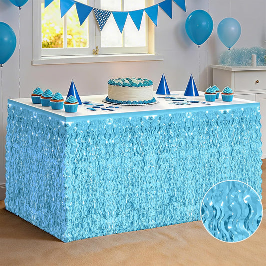 2 Pack Light Blue Table Skirt, Gender Reveal Desk Grass Skirt for Table, Under The Sea Party Wavy Tinsel Foil Fringe Table Skirts, Foil Table Skirts Oktoberfest Birthday Indoor Party Decor