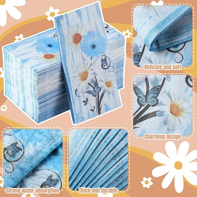 Karenhi 200 Pcs Blue Floral Napkins 2 Ply Daisy Disposable Hand Towels for Bathroom Flower Disposable Napkins Summer Decorative Disposable Napkins Paper Hand Towel for Baby Shower Birthday Party
