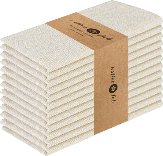 Native Fab Solid Cloth Napkin Set of 12, 100% Chambray Cotton, Washable, Reusable Dinner Cloth Napkin 17x17 inches, Table Decor Napkins for Dinner, Events, Beige