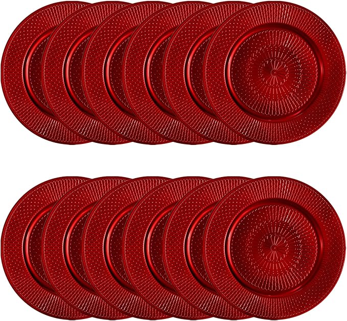 DEAYOU 12 Pack Red Charger Plate, 13-inch Beaded Chargers for Dinner Plates, Plastic Reusable Round Charger Platters for Wedding, Party, Event, Table Setting, Decoration, Holiday