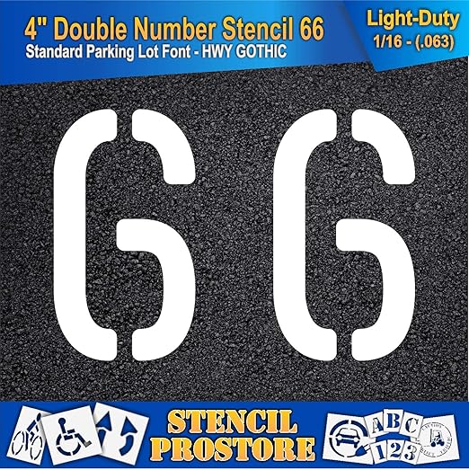 Pavement, Curb, and WheelStop Stencils - 4 inch Double Number Stencil - (66) - 4" x 5.5" x 1/16" (63 mil) - Light-Duty