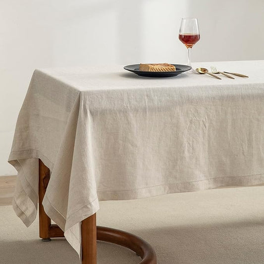 EVERLY Pure Linen Hemstitch Tablecloth,100% Stonewashed French Linen tablecloths for Kitchen Dining Rectangle Tables,60x144Inch Machine Washable Christmas Thanksgiving Organic Tablecloth-Natural Linen