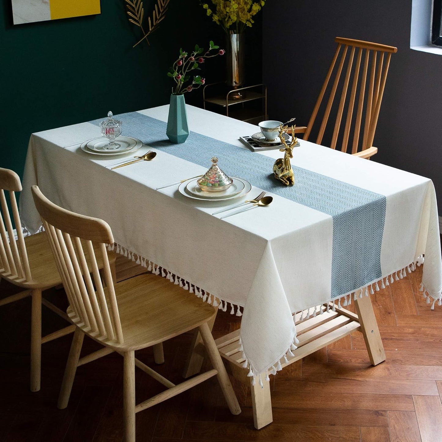 Oubonun Cotton Linen Rectangular Tablecloth - Wrinkle Resistant & Waterproof - Machine Washable Table Cloth with Tassels for Kitchen & Dining, 55''x86'', 6-8 Seats