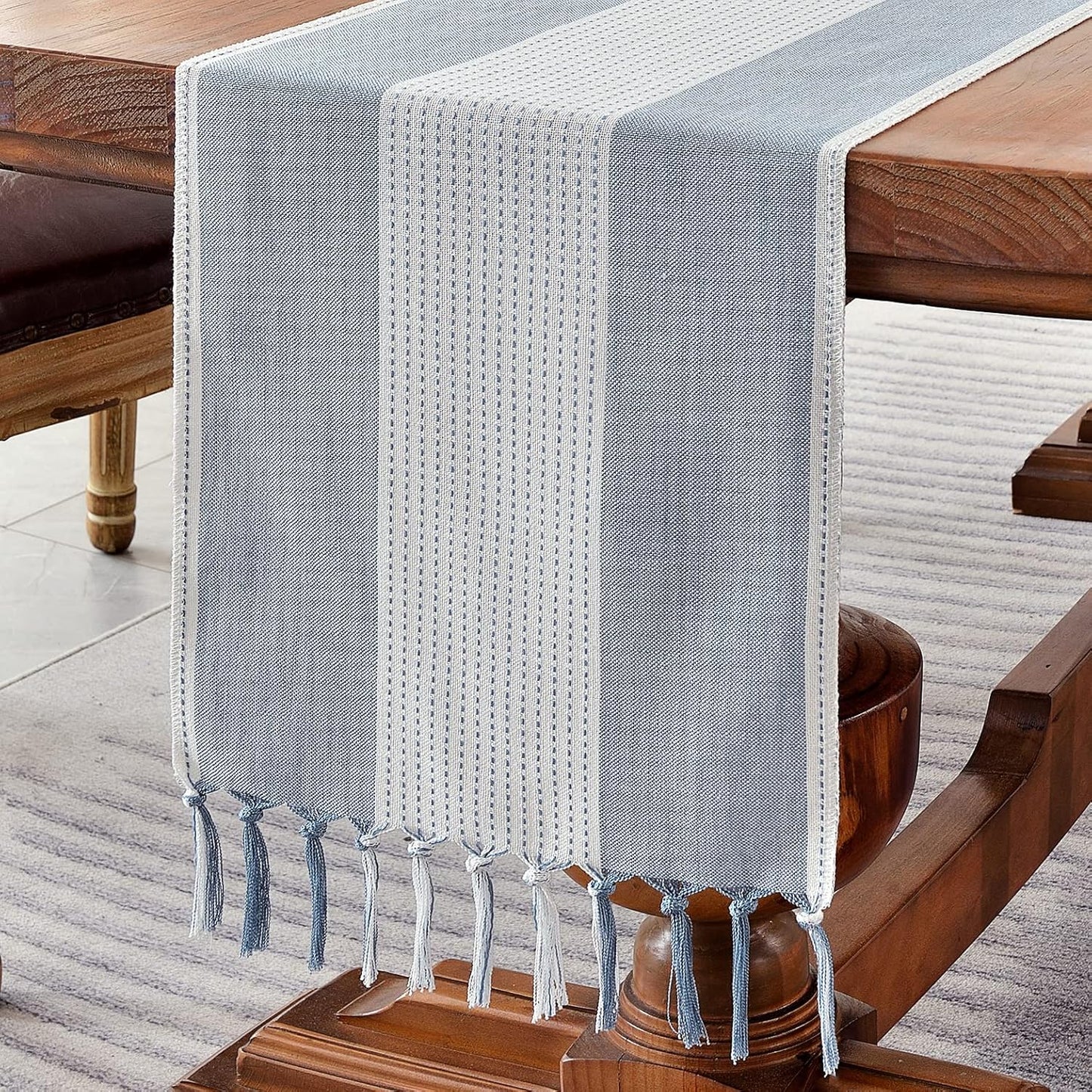 Wracra Linen Table Runner, Farmhouse Macrame Table Runners 60 Inches Long for Dining Table Decor, Wedding, Party and Dresser Decor (Blue,60")