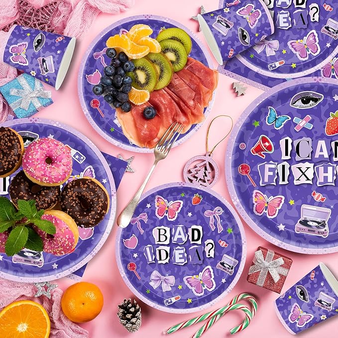 169Pcs Purple Music Birthday Decorations Pop Star Party Decorations Purple Birthday Plates Napkins Cups Banner Cutlery, Purple Party Supplies, Serves 24