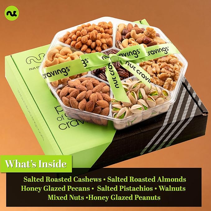 NUT CRAVINGS - Halloween Treats For Adults Mixed Nuts Gift Basket + Green Ribbon (7 Assortments, 1 LB) Holiday Xmas Christmas Food Arrangement, Healthy Snack Care Package, Food Assortments