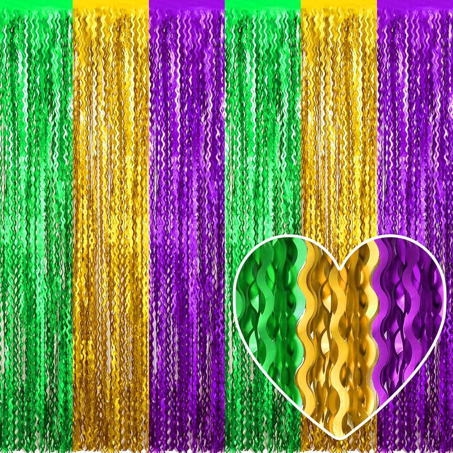 4 Pack Gold Green Purple Fringe Curtain Backdrop 3.2Ft x 8.2Ft Metallic Tinsel Foil Fringe Streamers Background for Photo Booth Mother's Day, Easter, Carnival, Birthday, Wedding Party Decoration
