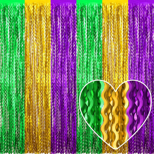 4 Pack Gold Green Purple Fringe Curtain Backdrop 3.2Ft x 8.2Ft Metallic Tinsel Foil Fringe Streamers Background for Photo Booth Mother's Day, Easter, Carnival, Birthday, Wedding Party Decoration