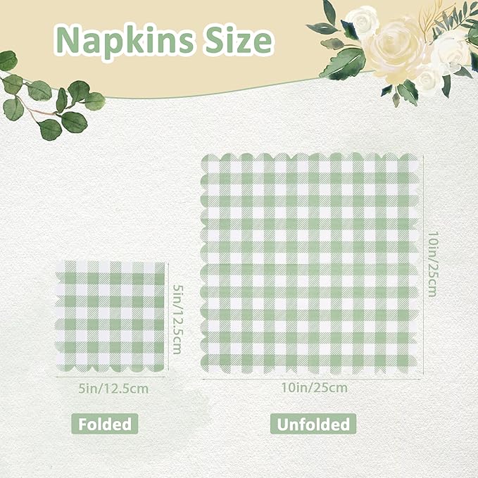 100 Pcs Sage Green Napkins Scalloped Plaid Cocktail Napkins Folded 5 x 5 Inches Disposable Napkins for Wedding Birthday Party