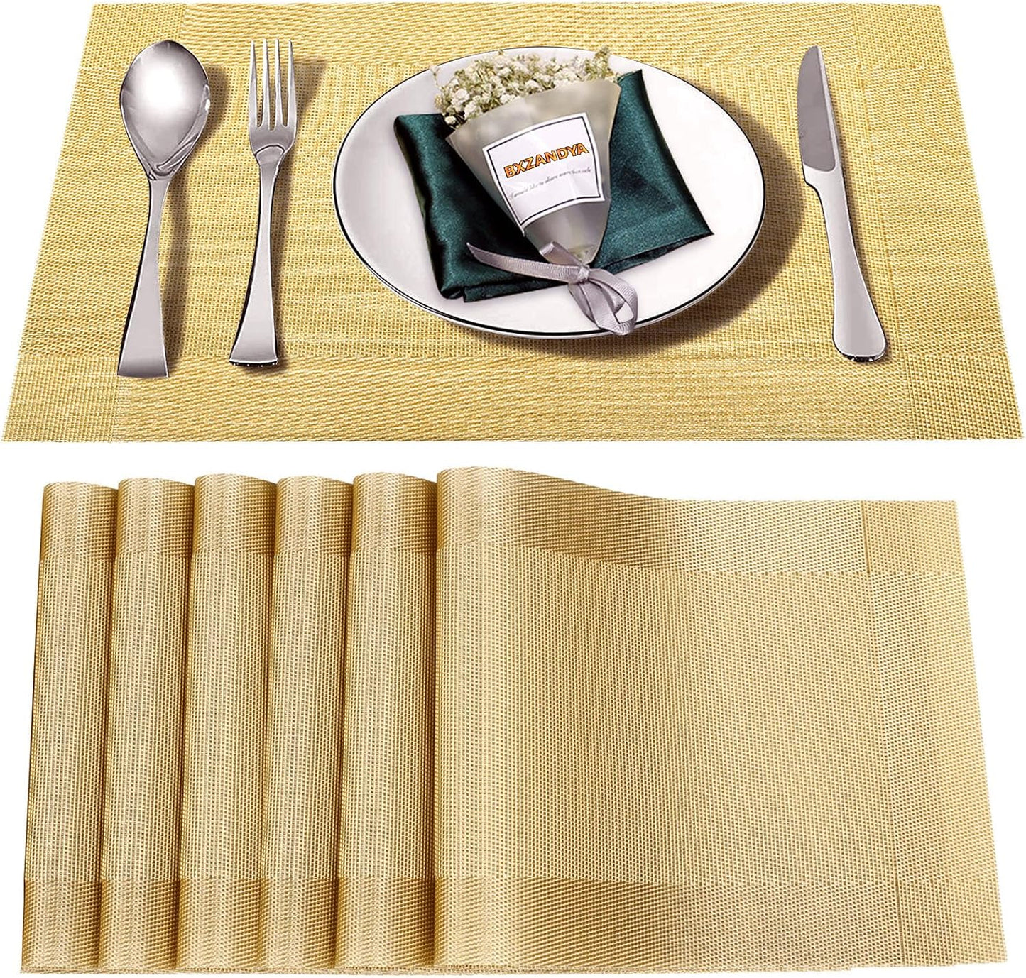 Placemats Set of 6,Washable,Heat and Stain Resistant Indoor/Outdoor Place mats,Vinyl Woven Non Slip Table Mats for Restaurant Table Protection,PVC Placemats(Gold 6PCS)