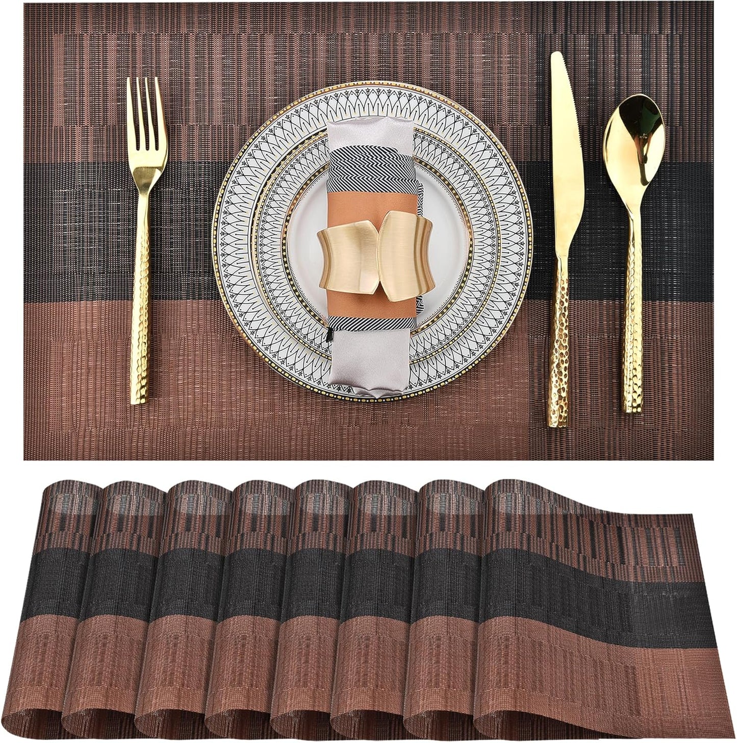 SLKQG Placemats Set of 8 - Easy Clean Modern Durable Washable Vinyl Place Mats - Heat Resistant Placemats for Kitchen Table - PVC Table Mats for Dining Table (Brown Black, 8)