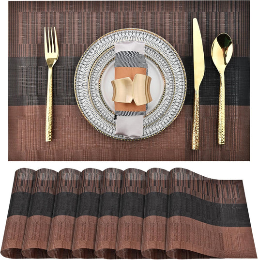 SLKQG Placemats Set of 8 - Easy Clean Modern Durable Washable Vinyl Place Mats - Heat Resistant Placemats for Kitchen Table - PVC Table Mats for Dining Table (Brown Black, 8)