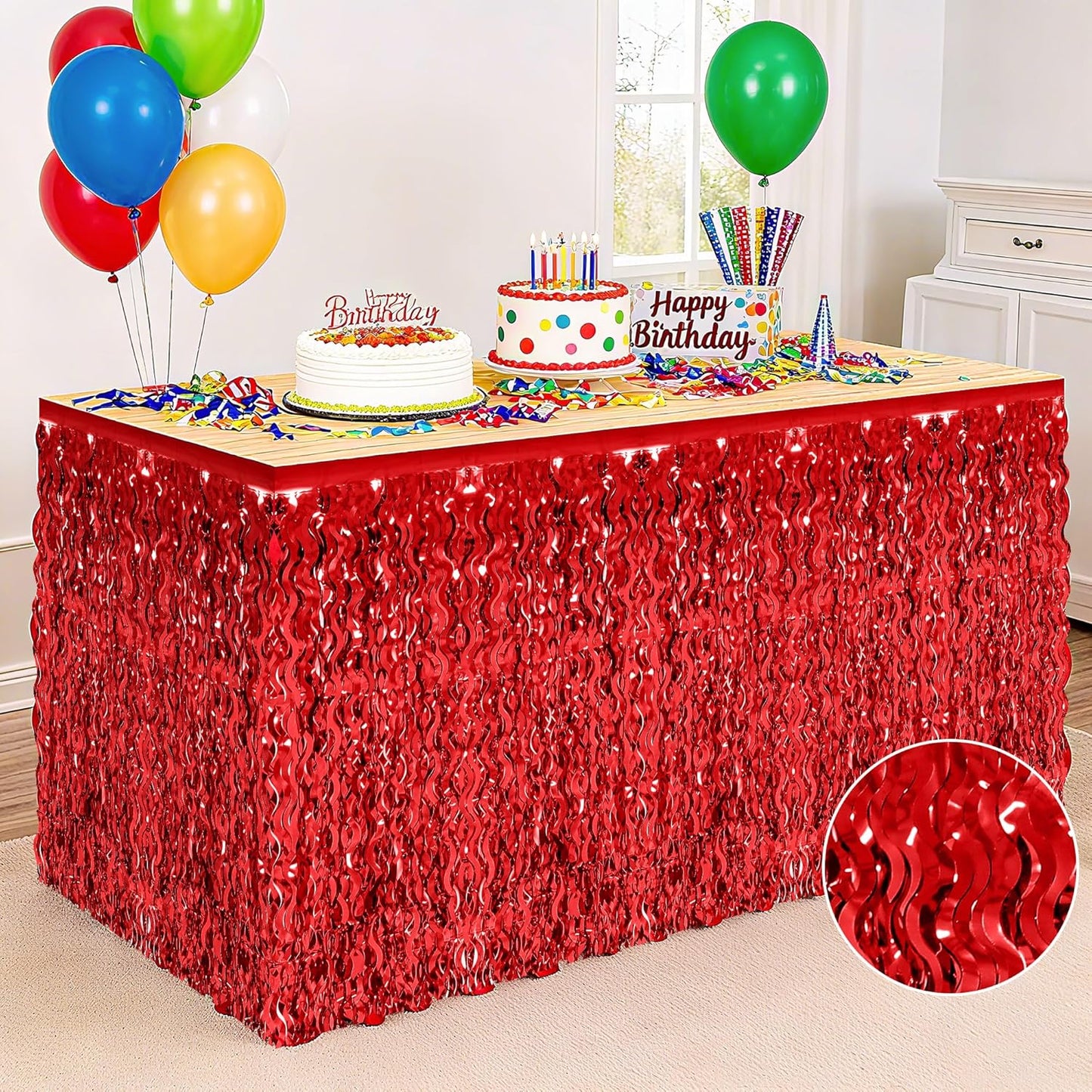 2 Pack Table Skirt, Red Foil Grass Skirt for Table, Christmas Metallic Wavy Tinsel Foil Fringe Table Skirts, Table Curtain Skirts for Valentine's Graduations Wedding Birthday Indoor Party Decorations